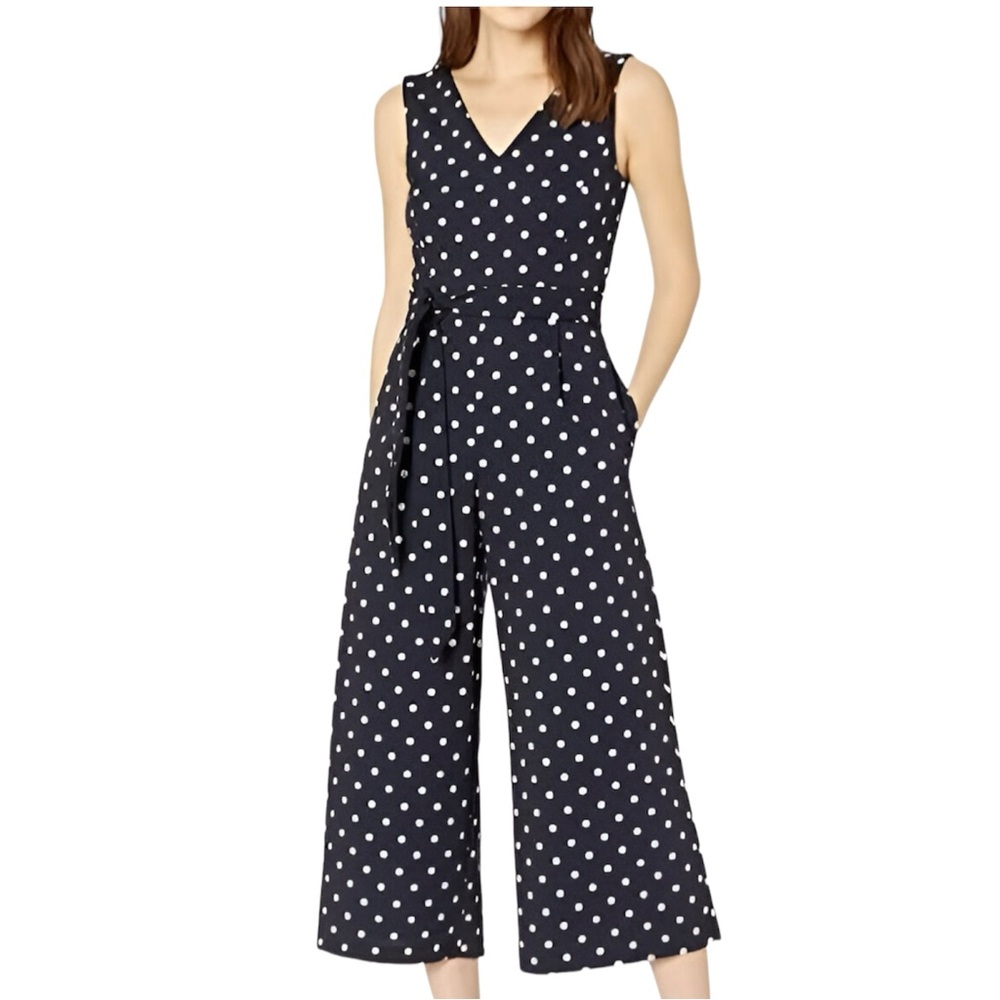 Calvin Klein V-Neck Sleeveless Polkadot Navy Blue Crop Jumpsuit Women's Size 2